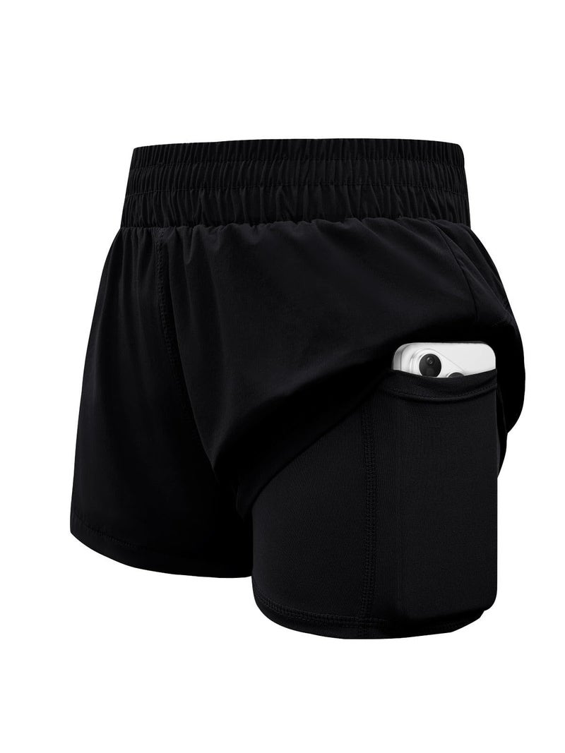 WIFFGO Girls Athletic Shorts 2 in 1 Elastic Waist Pockets Biker School Ball Games Running Sports Teen Summer Outfits Black - Image 1