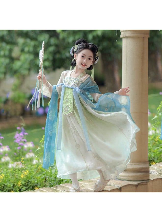 Flag Platinum Qibo Hanfu Girls' Spring Style 2025 New Collection Children's Ancient-style Ethereal Dress, Mountain Green Without Shawl, Size 100 - Image 1