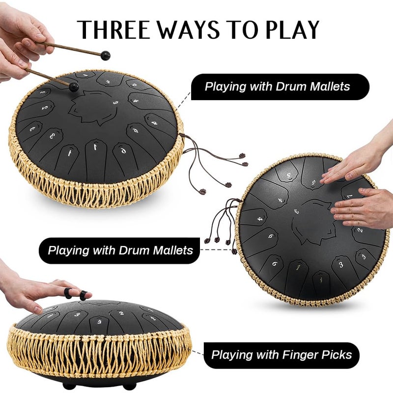 HASTHIP ® طبلة لسان فولاذية 15 نغمة، آلة إيقاع بقطر 13 بوصة مع حقيبة، كتاب موسيقي وعصي للأطفال والبالغين للتأمل والتعليم الموسيقي والحفلات وعلاج العقل واليوغا - أسود - Image 3
