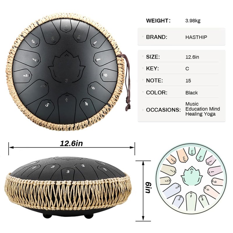 HASTHIP ® طبلة لسان فولاذية 15 نغمة، آلة إيقاع بقطر 13 بوصة مع حقيبة، كتاب موسيقي وعصي للأطفال والبالغين للتأمل والتعليم الموسيقي والحفلات وعلاج العقل واليوغا - أسود - Image 2