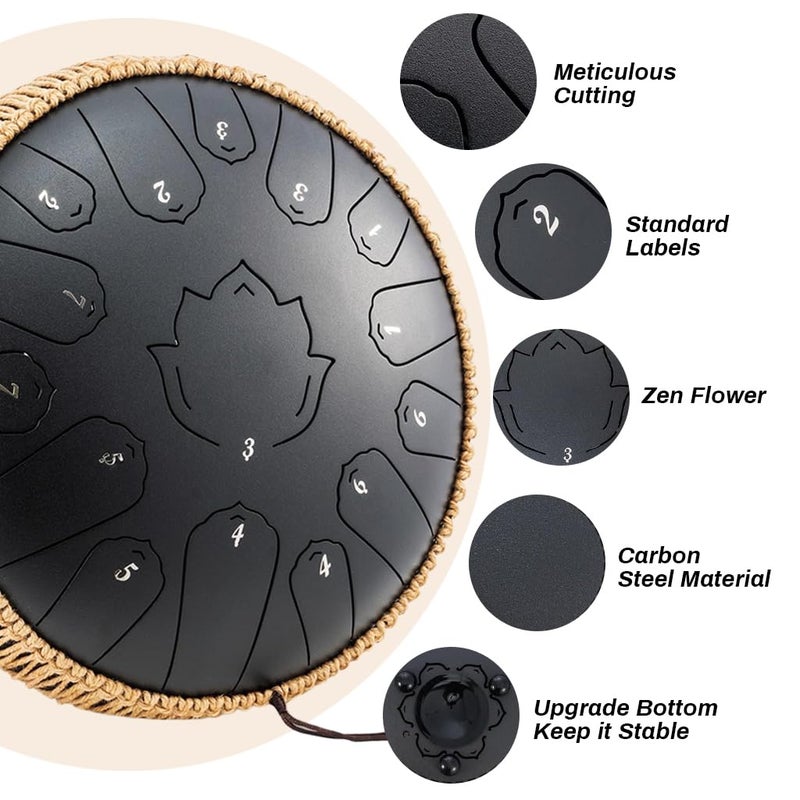 HASTHIP ® طبلة لسان فولاذية 15 نغمة، آلة إيقاع بقطر 13 بوصة مع حقيبة، كتاب موسيقي وعصي للأطفال والبالغين للتأمل والتعليم الموسيقي والحفلات وعلاج العقل واليوغا - أسود - Image 4