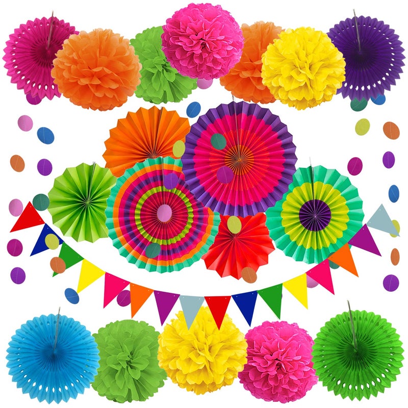ZERODECO Party Decoration 21 Pcs Multicolor Hanging Paper Fans Pom Poms Flowers Garlands String Polka Dot and Triangle Bunting Flags for Birthday Parties Wedding Dcor Fiesta or Mexican Party