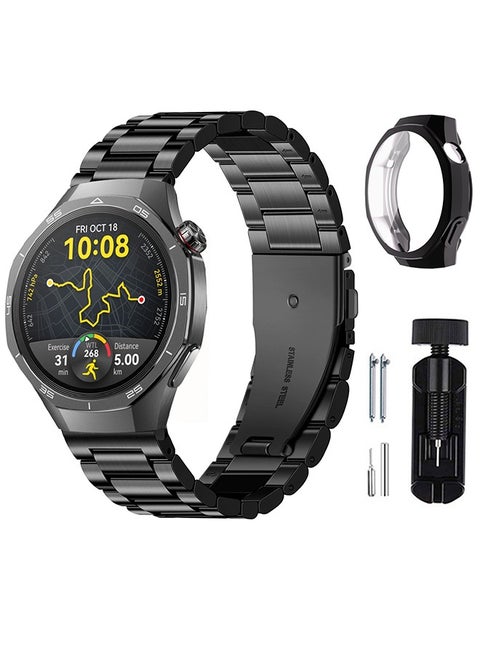 Metal Watch Strap Compatible with Huawei Watch GT5 Pro 46mm/GT4 46mm/GT3 46mm/GT2 46mm with All-Around Protective TPU Bumper Cover Screen Protector Case Intended for Huawei Watch GT5  46mm Strap Black