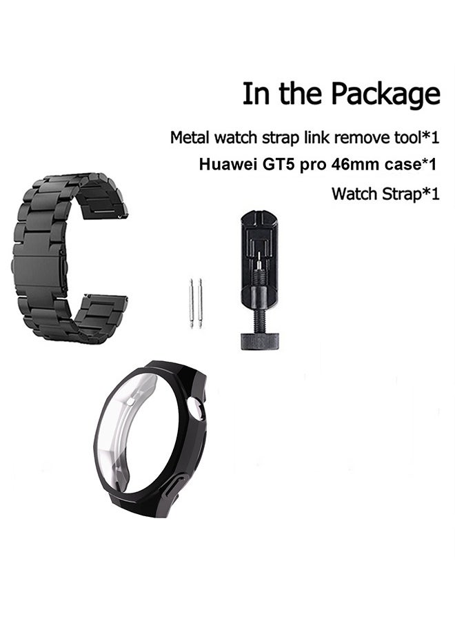 VINSOC - Metal Watch Strap Compatible with Huawei Watch GT5 Pro 46mm/GT4 46mm/GT3 46mm/GT2 46mm with All-Around Protective TPU Bumper Cover Screen Protector Case Intended for Huawei Watch GT5  46mm Strap Black - Image 1