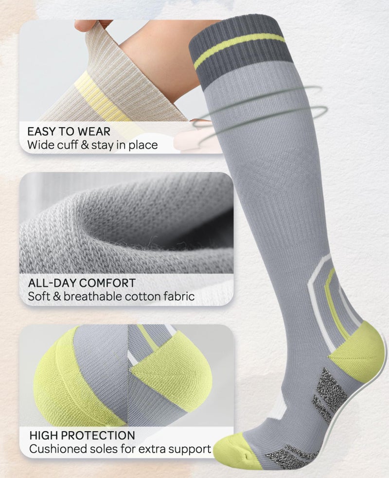 CTHH Thick Cotton Compression Socks for Women Men 15-20mmHg Cute Knee High Socks Support for Running, Travel, Nurses, Pregnant Women, Striped Stockings Cushioned, Beige/Light Grey, 2 Pack - Image 5