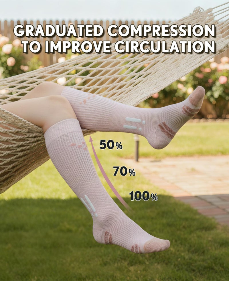 CTHH Thick Cotton Compression Socks for Women Men 15-20mmHg Cute Knee High Socks Support for Running, Travel, Nurses, Pregnant Women, Striped Stockings Cushioned, Beige/Light Grey, 2 Pack - Image 4