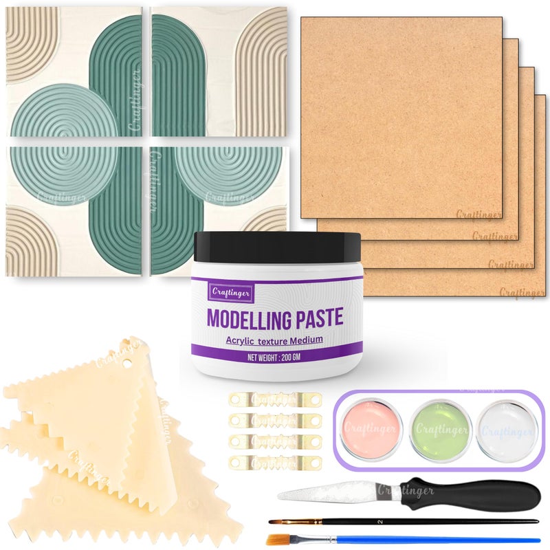 Craftinger Texture Art Kit - 8" Square MDF Bases (Set of 4), Texturing Scrapers, 200gm Modelling Paste, 3 Acrylic Colors, 2 Paint Brushes - DIY Textured Art for Home Decor & Craft Projects - Image 4