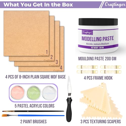 Craftinger Texture Art Kit - 8" Square MDF Bases (Set of 4), Texturing Scrapers, 200gm Modelling Paste, 3 Acrylic Colors, 2 Paint Brushes - DIY Textured Art for Home Decor & Craft Projects - Image 2