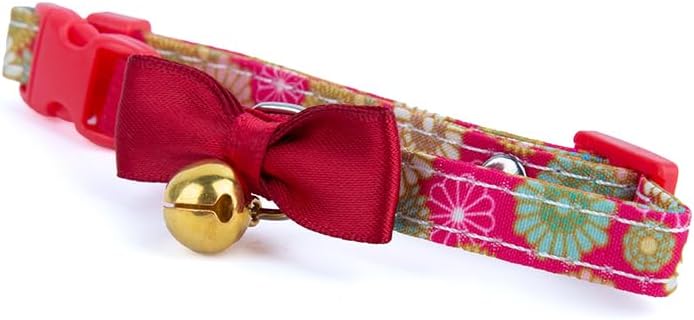 Daiso Cat Collar with Japanese Pattern B - Red Adjustable Nylon Collar with Bell - Image 2