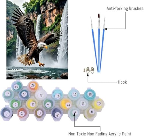 askkqtx Eagle Paint by Numbers Kit for Adults, DIY Waterfall Paint by Numbers for Beginner, Watercolor Oil Painting by Number on Canvas for Home Decor and Gifts 16x20 Inch - Image 3