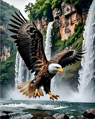 askkqtx Eagle Paint by Numbers Kit for Adults, DIY Waterfall Paint by Numbers for Beginner, Watercolor Oil Painting by Number on Canvas for Home Decor and Gifts 16x20 Inch - Image 1