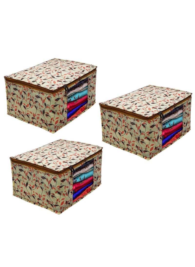 AARON INC AARON INC Saree Cover Pack of 3 Non Woven Fabric Clothes Storage Organizer for Wardrobe Saree Bag With Zip And Transparent Window Cloth Storage Bag Saree Packing Covers Cream Pack of 3  - Image 1