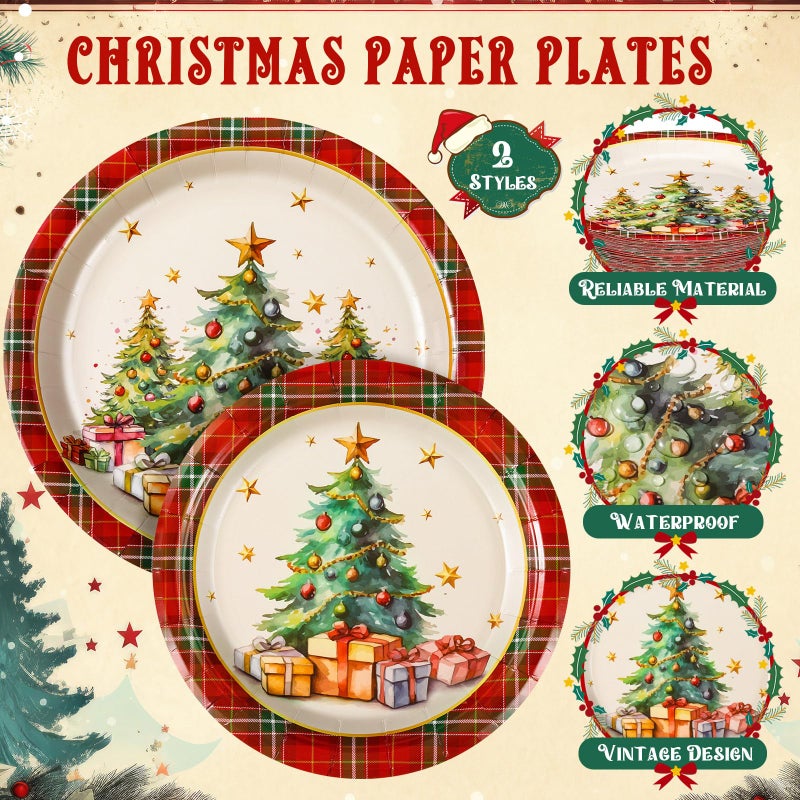 Domensi مجموعة أدوات المائدة لحفلات عيد الميلاد القديمة من دومينسي 200 قطعة لـ 50 ضيفًا  أطباق ورقية عيد الميلاد 7 و 9 بوصة ومناشف وأكواب قابلة للتصرف سعة 9 أونصات لتزيين حفلات العطلات (شجرة عيد الميلاد) - Image 3