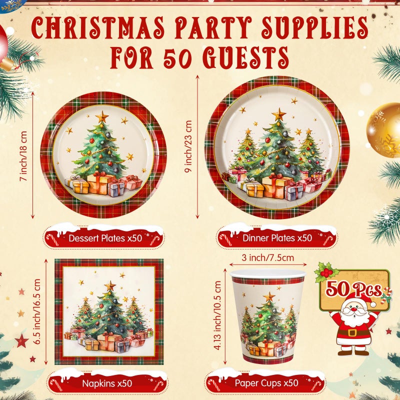 Domensi مجموعة أدوات المائدة لحفلات عيد الميلاد القديمة من دومينسي 200 قطعة لـ 50 ضيفًا  أطباق ورقية عيد الميلاد 7 و 9 بوصة ومناشف وأكواب قابلة للتصرف سعة 9 أونصات لتزيين حفلات العطلات (شجرة عيد الميلاد) - Image 2