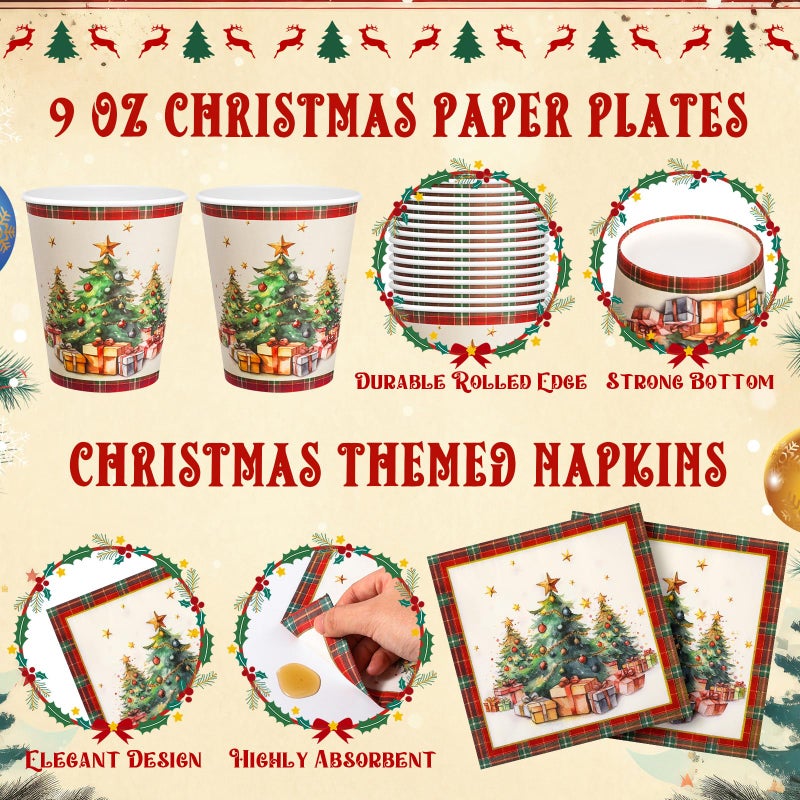 Domensi مجموعة أدوات المائدة لحفلات عيد الميلاد القديمة من دومينسي 200 قطعة لـ 50 ضيفًا  أطباق ورقية عيد الميلاد 7 و 9 بوصة ومناشف وأكواب قابلة للتصرف سعة 9 أونصات لتزيين حفلات العطلات (شجرة عيد الميلاد) - Image 4