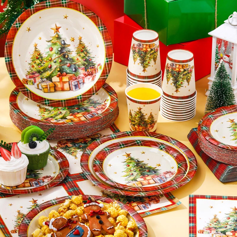 Domensi مجموعة أدوات المائدة لحفلات عيد الميلاد القديمة من دومينسي 200 قطعة لـ 50 ضيفًا  أطباق ورقية عيد الميلاد 7 و 9 بوصة ومناشف وأكواب قابلة للتصرف سعة 9 أونصات لتزيين حفلات العطلات (شجرة عيد الميلاد) - Image 1