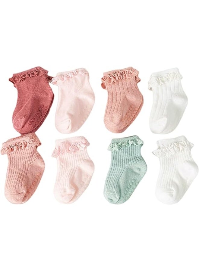 Toddler Girls Anti Slip Socks - Non Skid Frilly Ruffle Design with Grips for Baby 0-3 Years (8 pairs) - Image 1