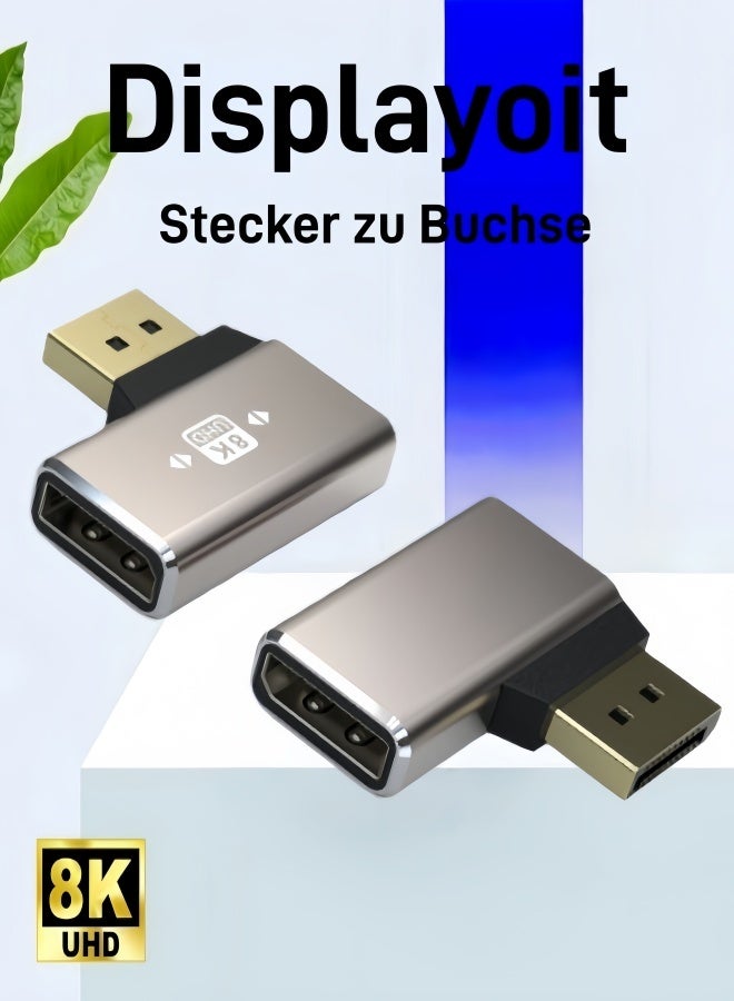 الصفحة الرئيسية محول DisplayPort (عبوة من 2 قطعة)، غلاف من السبائك المعدنية 8K UHD HDR Displayport (DP) 1.4 90 درجة زاوية قائمة ذكر إلى أنثى محول تمديد قابس 8K@60Hz/4K@144Hz - Image 1