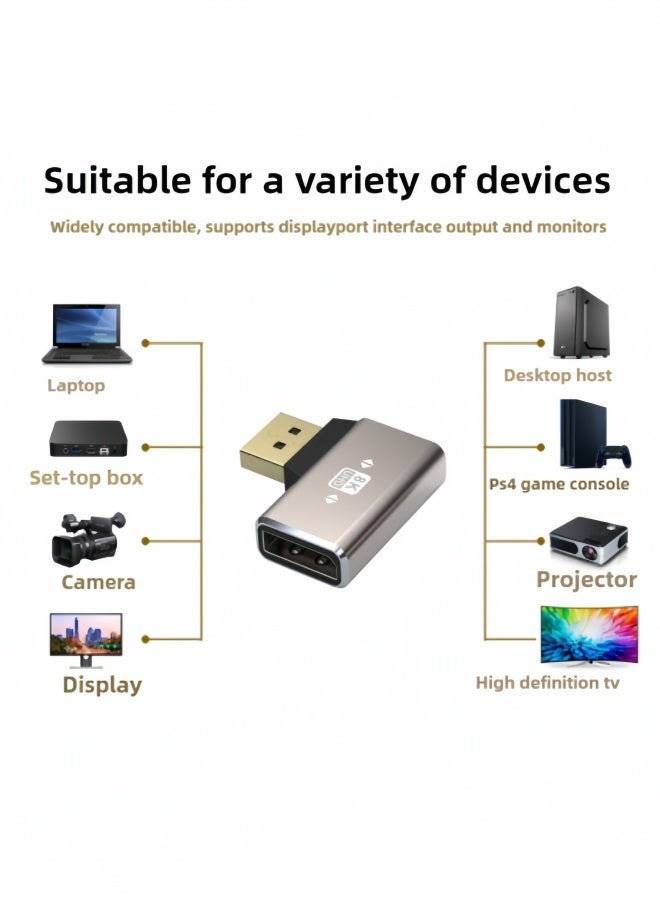 الصفحة الرئيسية محول DisplayPort (عبوة من 2 قطعة)، غلاف من السبائك المعدنية 8K UHD HDR Displayport (DP) 1.4 90 درجة زاوية قائمة ذكر إلى أنثى محول تمديد قابس 8K@60Hz/4K@144Hz - Image 2
