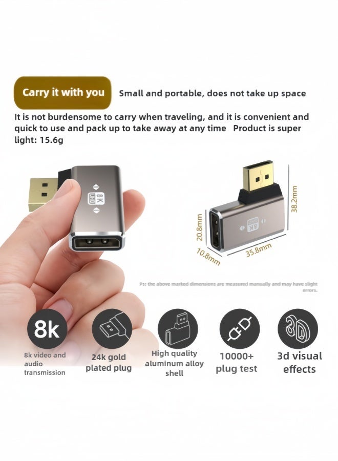 الصفحة الرئيسية محول DisplayPort (عبوة من 2 قطعة)، غلاف من السبائك المعدنية 8K UHD HDR Displayport (DP) 1.4 90 درجة زاوية قائمة ذكر إلى أنثى محول تمديد قابس 8K@60Hz/4K@144Hz - Image 3