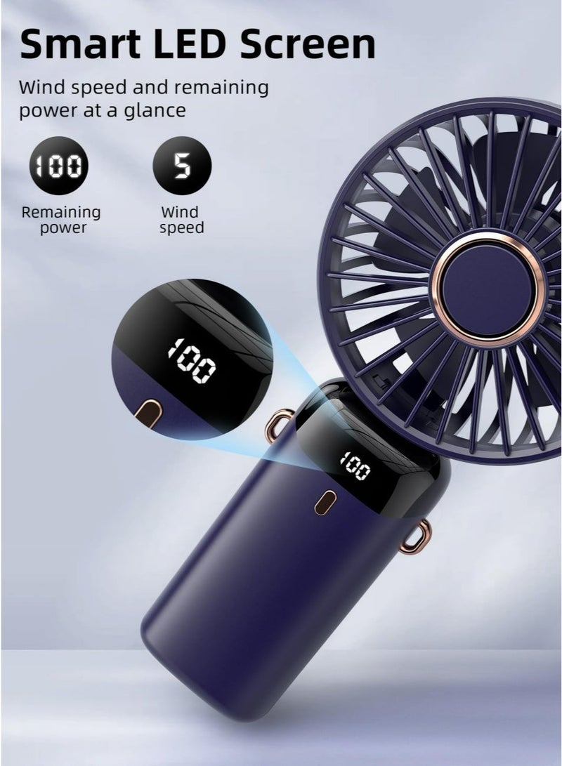 Portable Handheld Fan, Rechargeable Personal Fan with LED Display, 5 Speed Settings, 90° Foldable Handheld/Desk/Neck Fan, Up to 8H Runtime for Travel, Office, Outdoor & Makeup (Dark Blue) - Image 2