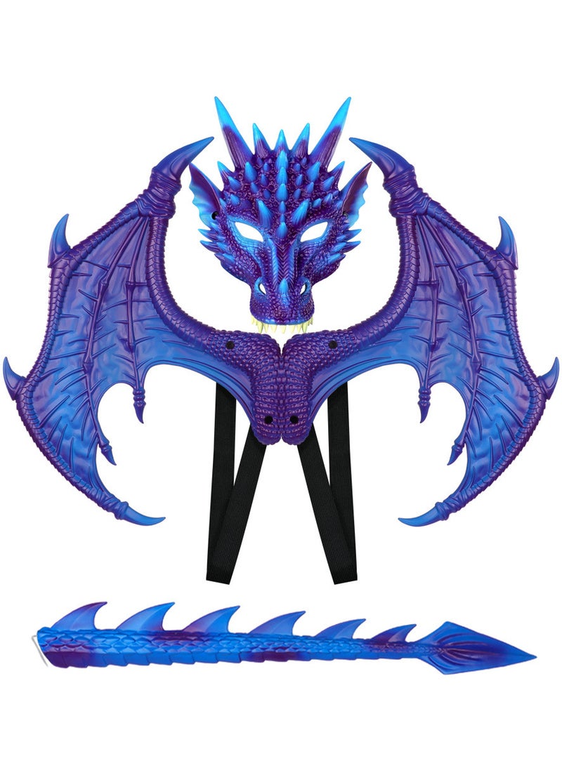 AUTOYSUR طقم قناع ذيل الديناصور على شكل جناح تنين للأطفال، قناع ذيل أجنحة تنين للأطفال، زي تنين قوطي لحفلات التنكر - Image 1