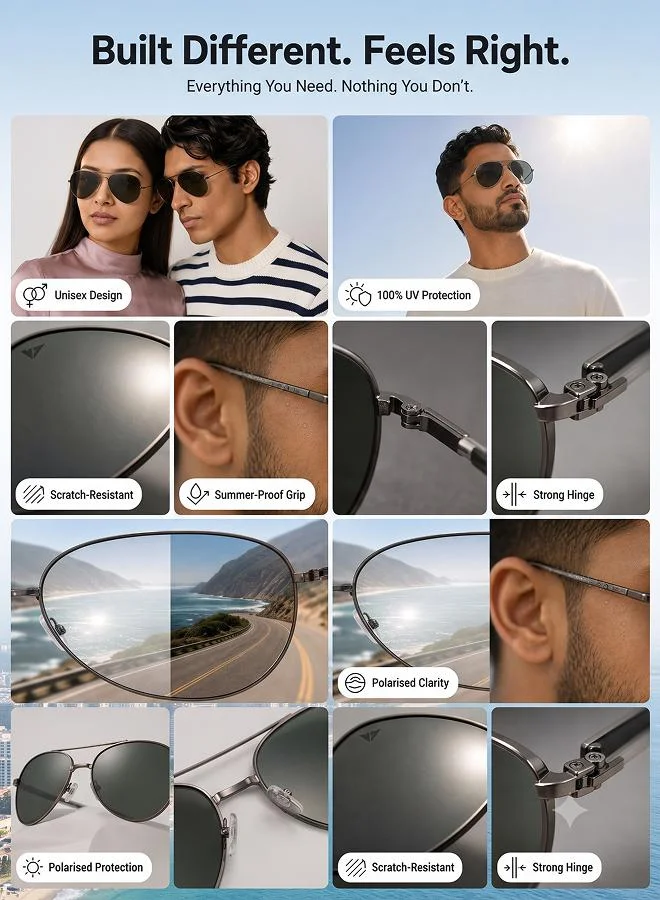 Vincent Chase  Vincent Chase By Lenskart | Gunmetal Grey Full Rim Aviator Branded Latest and Stylish Sunglasses | Polarized and 100% UV Protected | Men and Women | Medium | VC 5158/P  | Best Price UAE