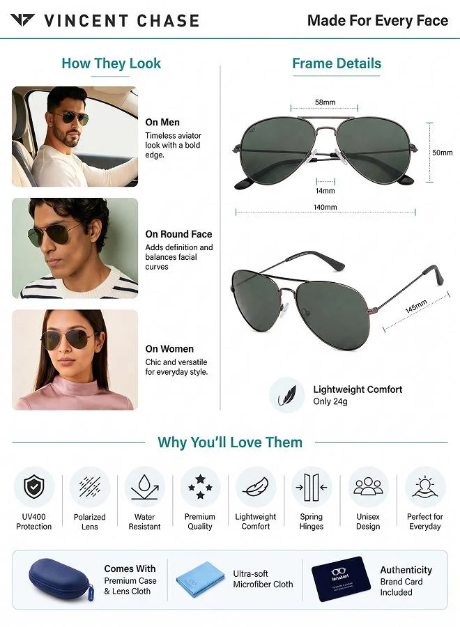 Vincent Chase  Vincent Chase By Lenskart | Gunmetal Grey Full Rim Aviator Branded Latest and Stylish Sunglasses | Polarized and 100% UV Protected | Men and Women | Medium | VC 5158/P  | Best Price UAE