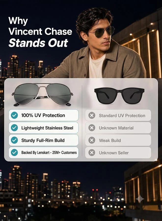 Vincent Chase  Vincent Chase By Lenskart | Gunmetal Grey Full Rim Aviator Branded Latest and Stylish Sunglasses | Polarized and 100% UV Protected | Men and Women | Medium | VC 5158/P  | Best Price UAE