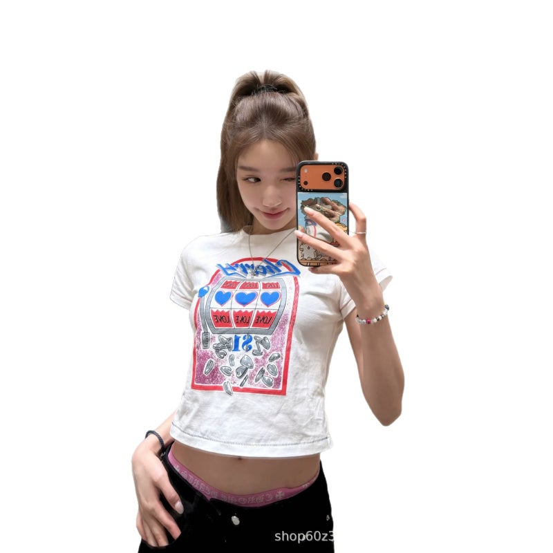 Women's 2026 Summer American Retro Abstract Slot Machine Print Short Sleeve T-Shirt - Image 5