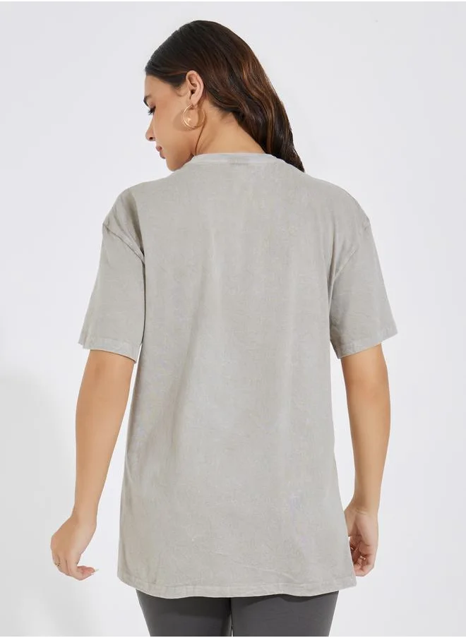 Styli Faded Wash Slogan Print Oversized T-Shirt