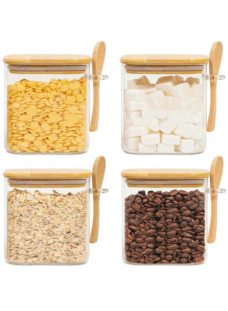 4Pack 550ML(18.6oz) Square Glass Food Storage Jars,Kitchen Clear Glass Food Canisters with Bamboo Lid Airtight For Serving Tea, Coffee, Flour, Sugar, Salt, Cookie, Spices (4-Pack550ML)  - Image 1
