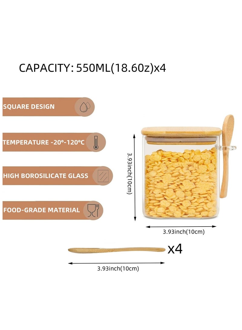 4Pack 550ML(18.6oz) Square Glass Food Storage Jars,Kitchen Clear Glass Food Canisters with Bamboo Lid Airtight For Serving Tea, Coffee, Flour, Sugar, Salt, Cookie, Spices (4-Pack550ML)  - Image 2