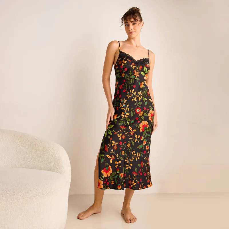 Splash FAV Floral Print Satin Slip Dress with Adjustable Straps