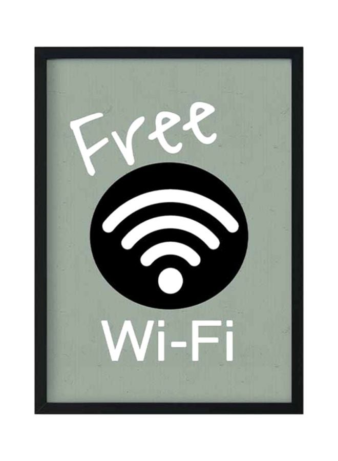 لوحة فنية خشبية لديكور الحائط بإطار وطبعة "Free Wi-Fi" رمادي / أبيض / أسود