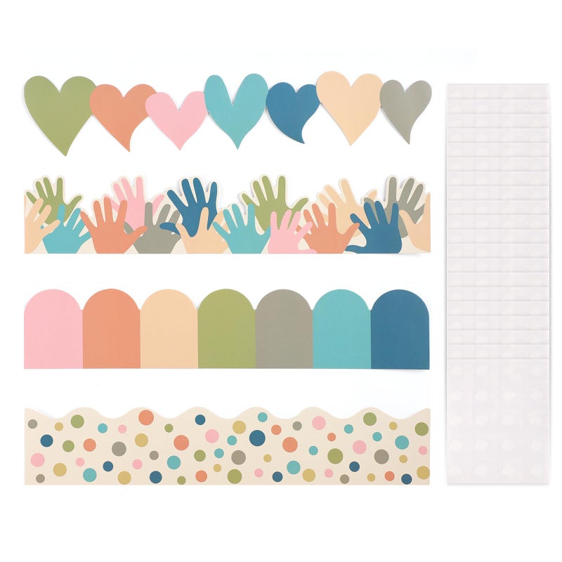 OZIO Boho Bulletin Board Borders Classroom Colorful Bulletin Board Borders Scalloped Boho Die-Cut Board Trim Adhesive Decorations for School Black Board Chalkboard, 91.8 Ft - Image 1