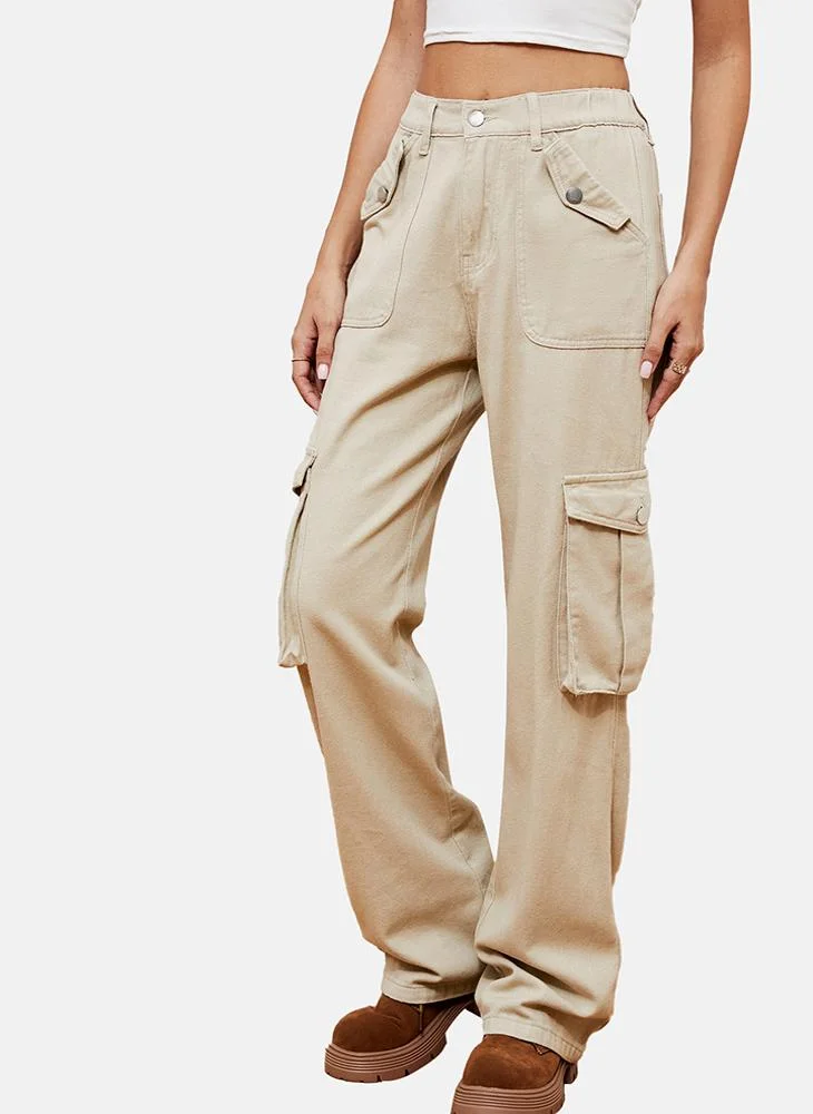 YUNIQEE Beige Regular Fit Mid Rise Plain Cargo Pant