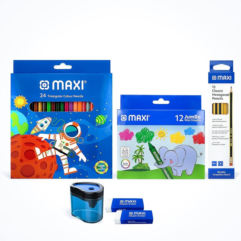 Maxi Triangular Color Pencils 24 Color + Classic Graphite Pencil Hb With Rt 12Pcx1 + Jumbo Wax Crayons 12 Color Round 90Mm + Wave Sharpener Barrel Single Hole + Classic Dust Free Eraser Big-2Pc - Image 1