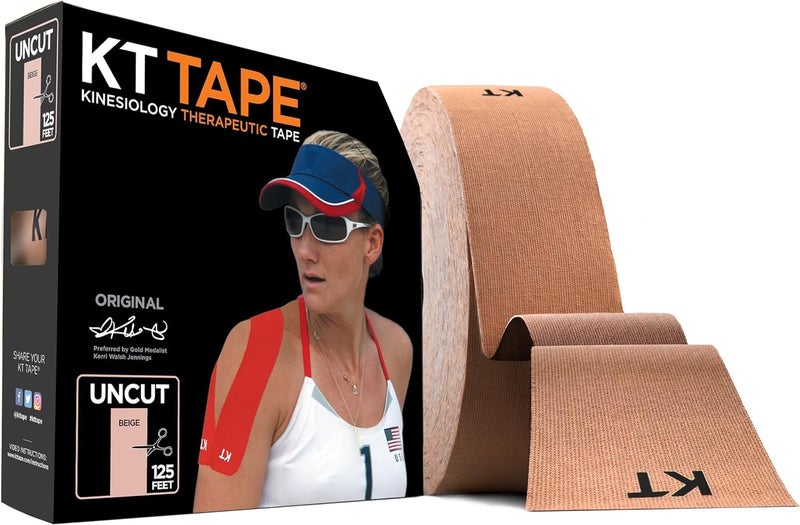 KT TAPE شريط KT، قطن أصلي، شريط كينيسيو لياقة بدنية مرن، 125 قدم لفة غير مقطوعة، بيج - Image 1