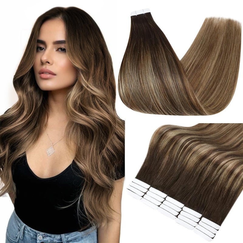 Full Shine Tape in Hair Extensions 20PCS Ombre Color 2 Darkest Brown Fading to 3 and 27 Honey Blonde Double Sided Hair Extensions Real Human Hair Tape in 12 Inch Seamless Skin Weft 30 Grams for Party