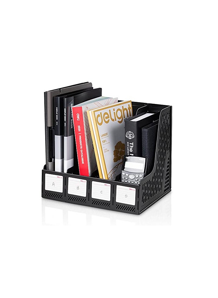 Deli deli Magazine File Holder, Desk Organizer File Folder for Office Organization and Storage, Sturdy Plastic Binder Organizer, 4 Vertical Compartments, Black  - Image 1