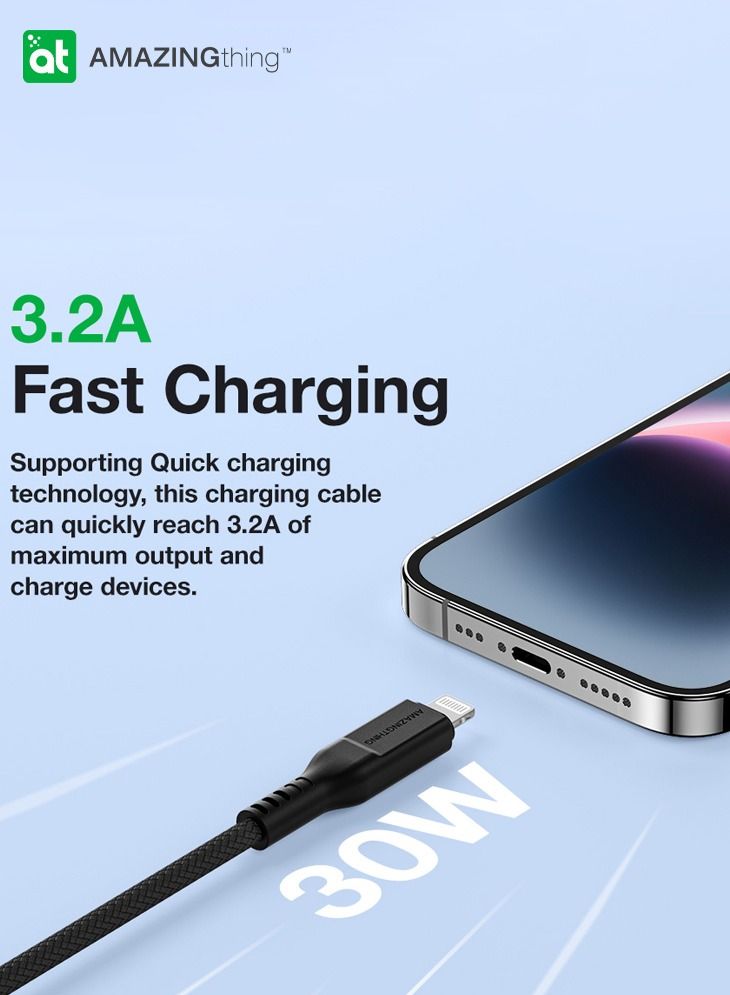 Thunder Pro Lightning to USB-C PD 30W 3.2A Fast Charge Cable [1.1 Meter] - Black