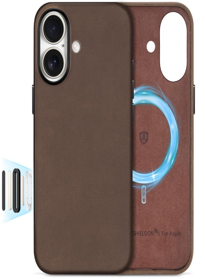 Shieldon iPhone 16 Magnetic Standard Case Genuine Leather, Shockproof Protection Non-Slip Case Compatible Wireless Charging for iPhone 16 5G (6.1" 2024) - Crazy Horse Leather Dark Brown - Image 1