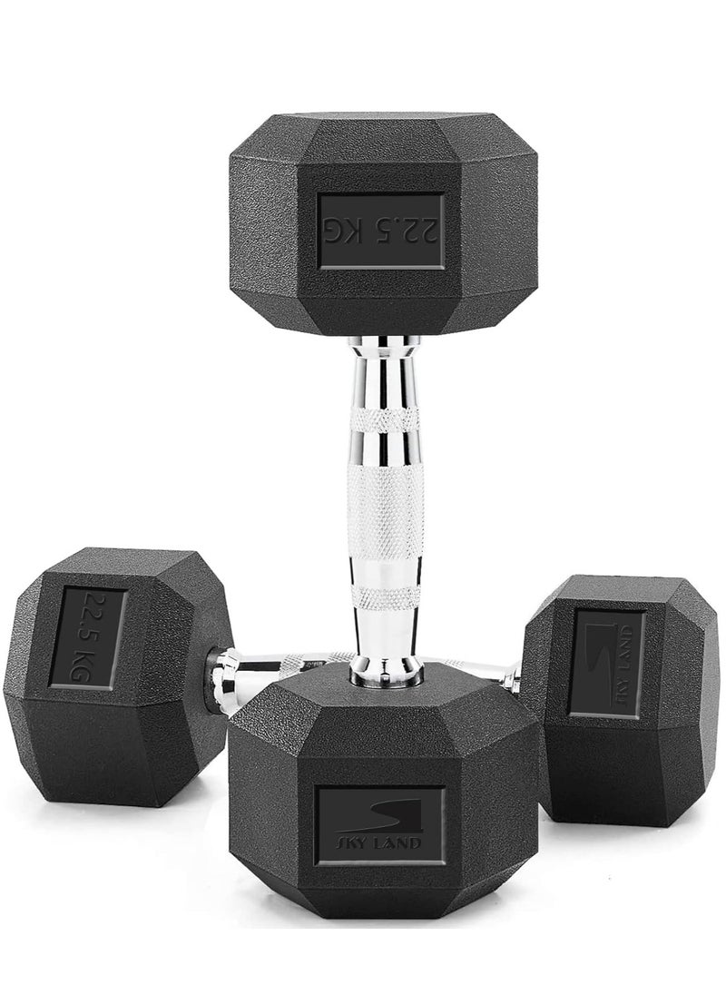 Sky Land - Set Of 2 Rubber Coated Hex Dumbbells, 1 Pair, 2x22.5kg | Exercise Weight Dumbbells, Chrome Plated for Strength Training Weights - Image 1