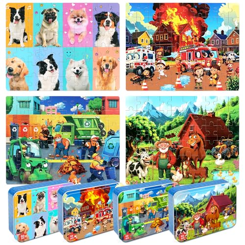 LELEMON Puzzles for Kids Ages 464Pack Dogs Fire Fighting Garbage Truck Farm 60 Piece Puzzles for Kids Ages 48 in a Metal BoxEducational Jigsaw Puzzles Puzzle Games Puzzle Toys for Girls and Boys - Image 1
