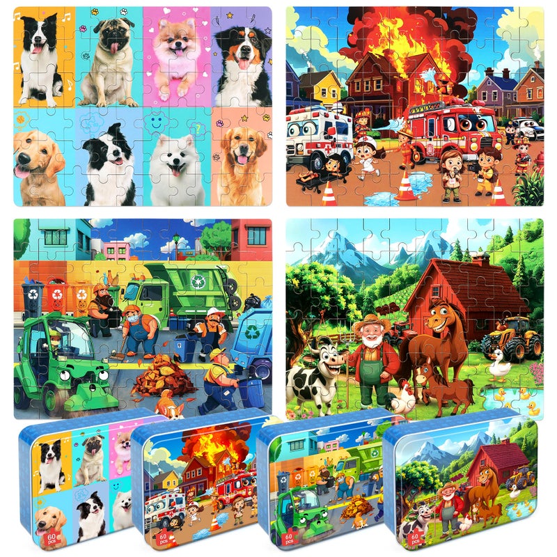 LELEMON Puzzles for Kids Ages 464Pack Dogs Fire Fighting Garbage Truck Farm 60 Piece Puzzles for Kids Ages 48 in a Metal BoxEducational Jigsaw Puzzles Puzzle Games Puzzle Toys for Girls and Boys - Image 3