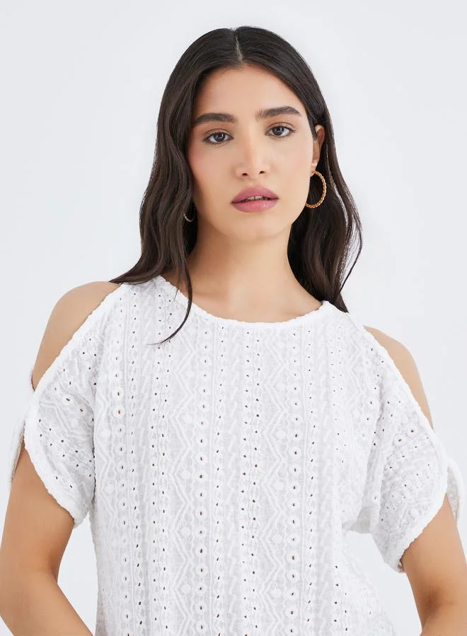 Take Two Take Two Schiffli Cold Shoulder Sleeve Blouse