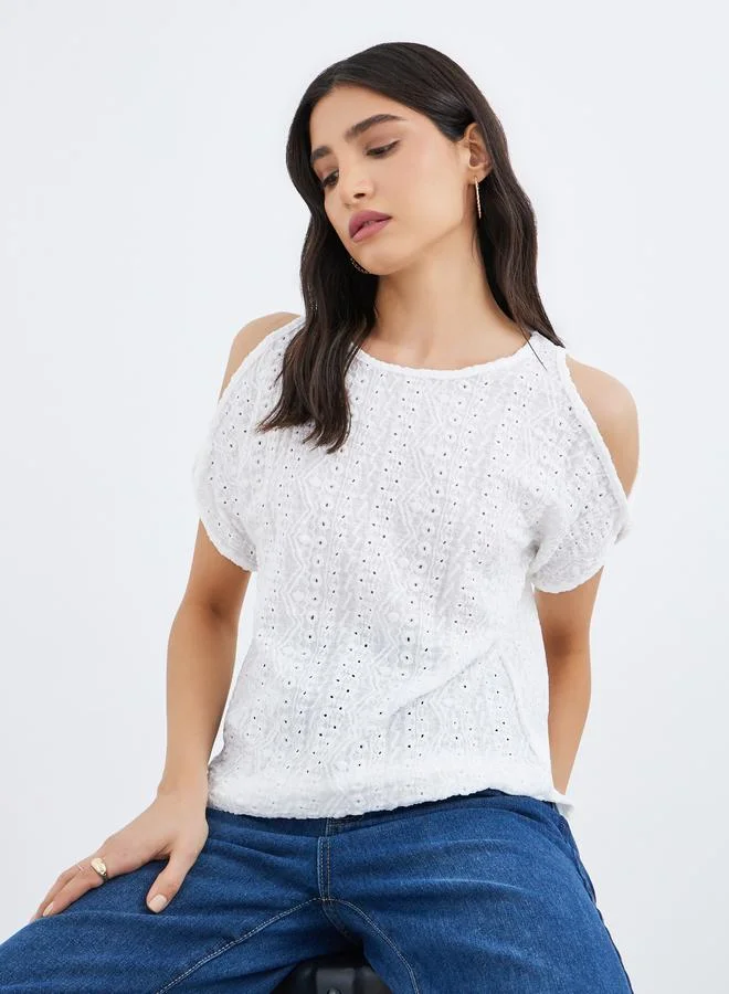 تايك تو Take Two Schiffli Cold Shoulder Sleeve Blouse