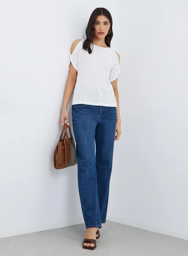 تايك تو Take Two Schiffli Cold Shoulder Sleeve Blouse