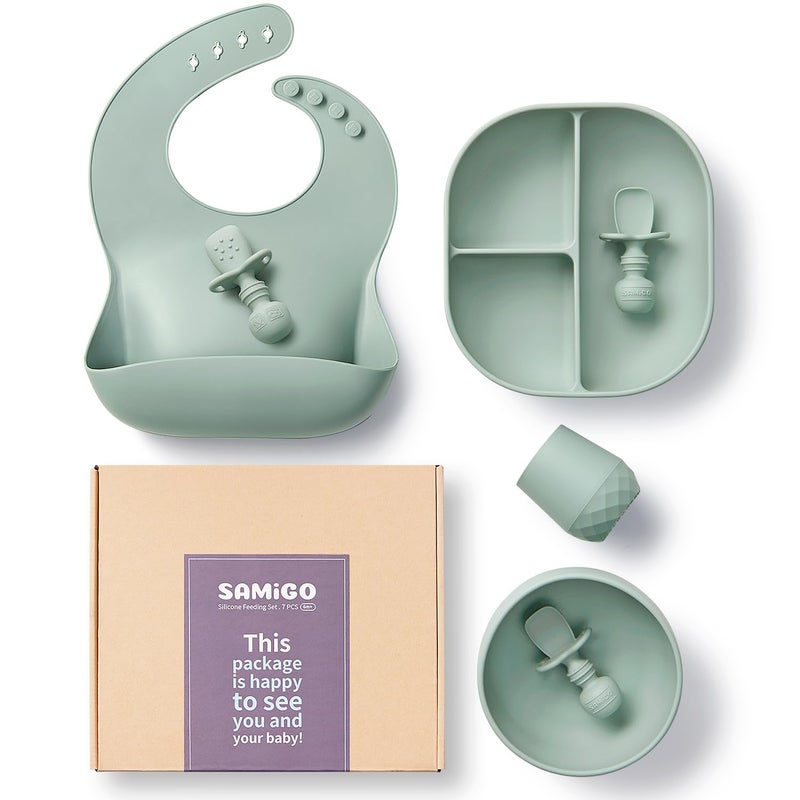 SAMiGO Silicone Baby Feeding Set, Baby Led Weaning Supplies, Suction Bowl Plate Bib Cup Self Feeding Spoons, Solid Food Eating Essentials, First Stage Utensils, 6+ Months - Image 1